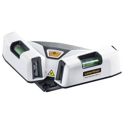 Laser line level on a white background. It has a yellow power on/off symbol and green spirit levels for levelling.
