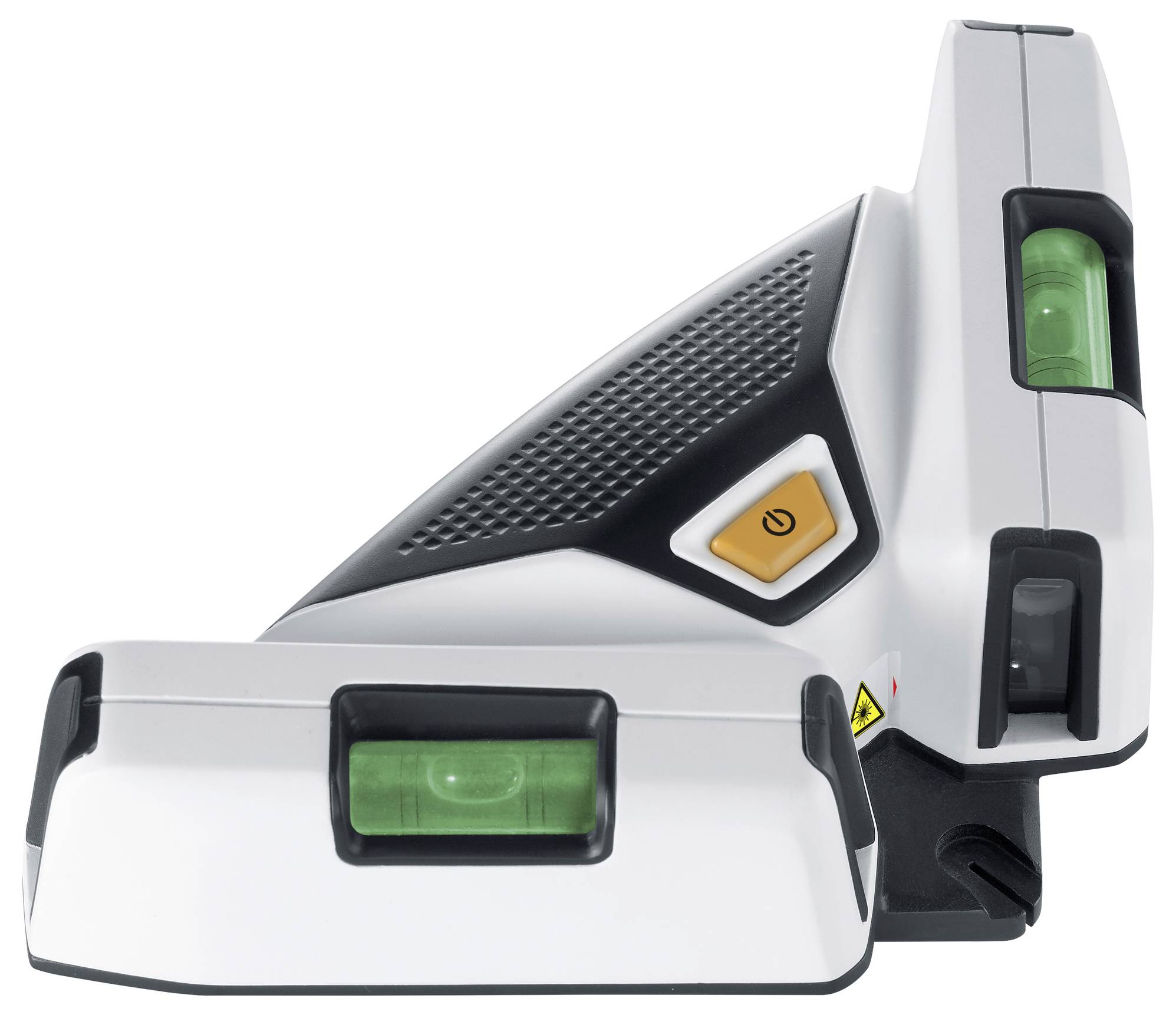 Two white, rectangular devices with green spirit levels in the centre, standing side by side. They have black and orange elements.