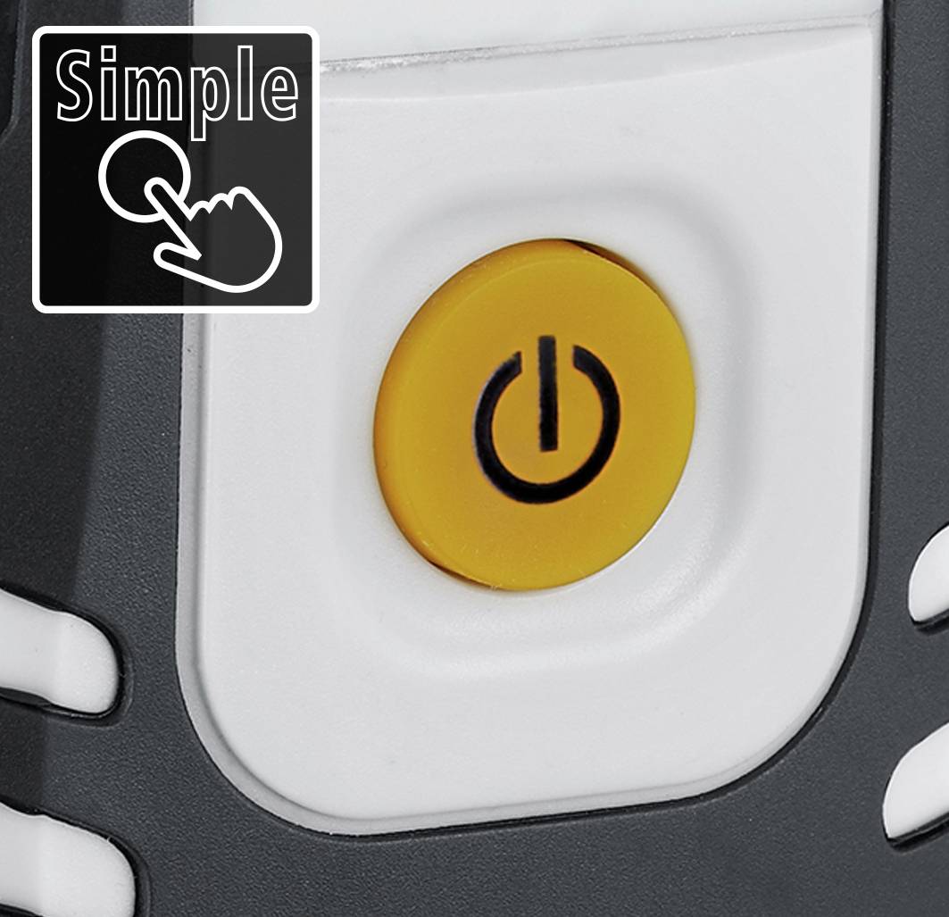 A yellow power button with the inscription 'Simple' and a symbol indicating easy operation.
