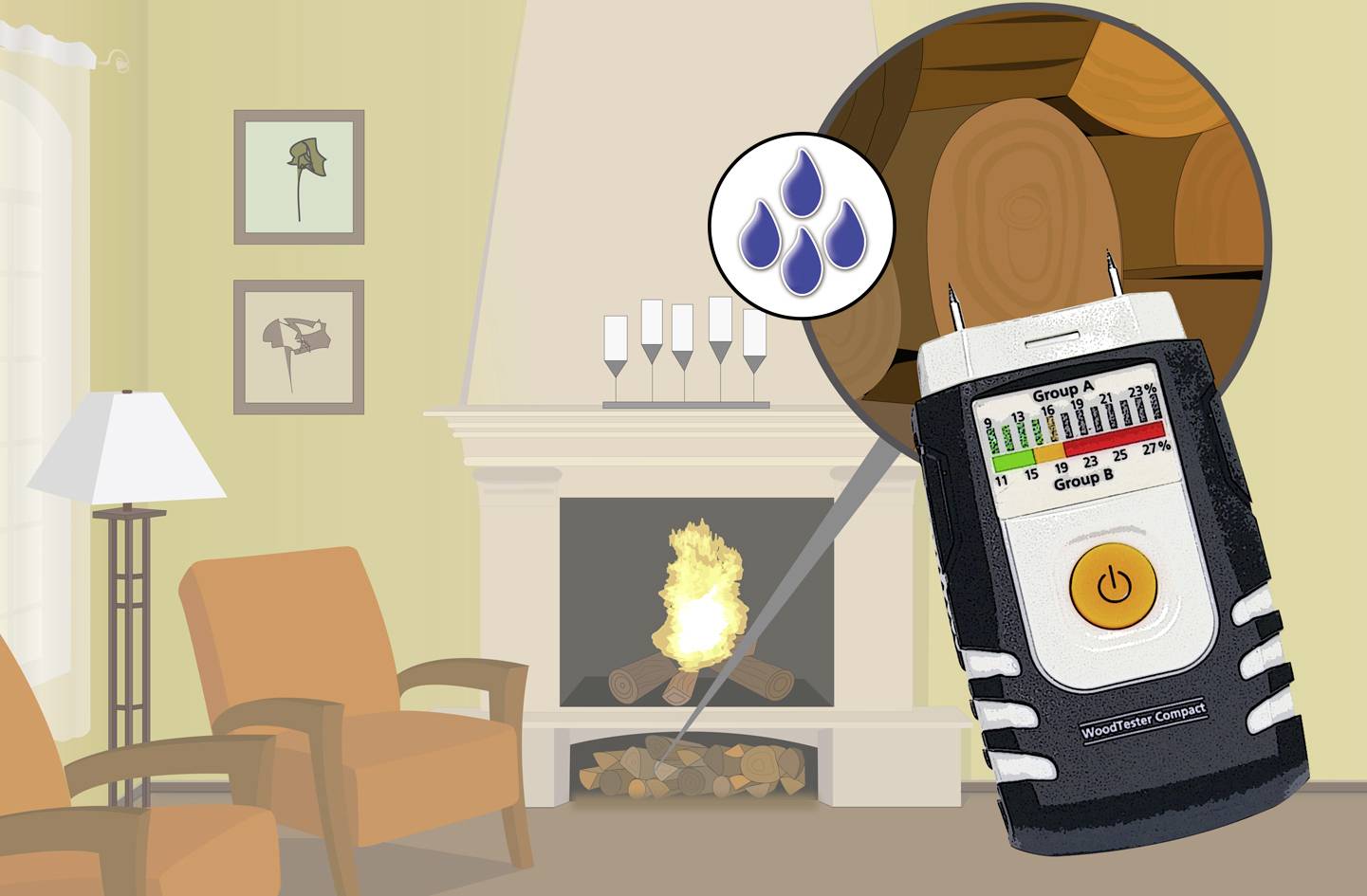 Moisture meter showing high moisture content in wood next to a fireplace. Living room with two armchairs and a lamp.