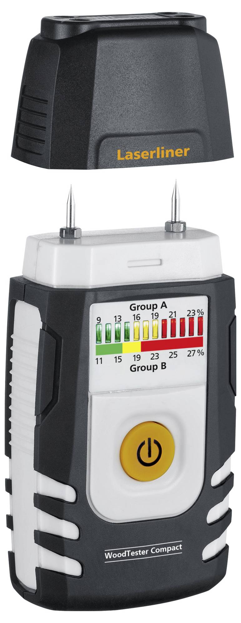 A wood moisture metre with two metal probes. Front side displays a coloured moisture scale with percentage values for groups A and B.