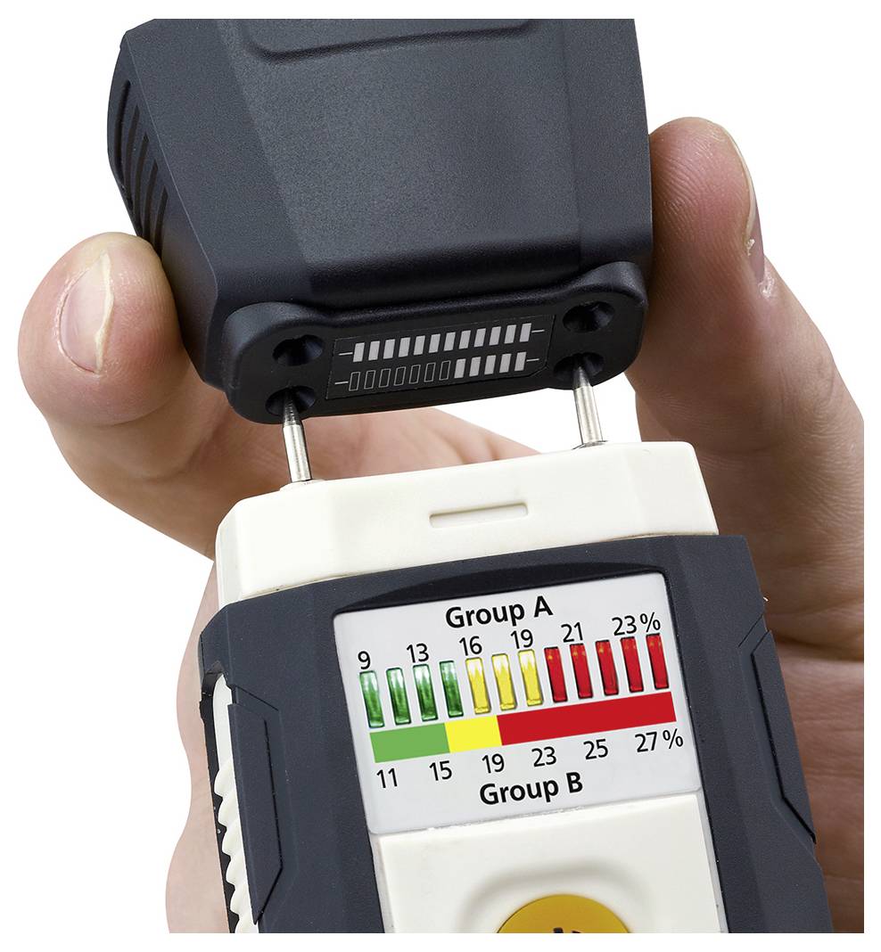 A handheld device tests electrical connections, displaying results with coloured LED indicators; 'Group A', ranging from green to red, with high values being problematic.