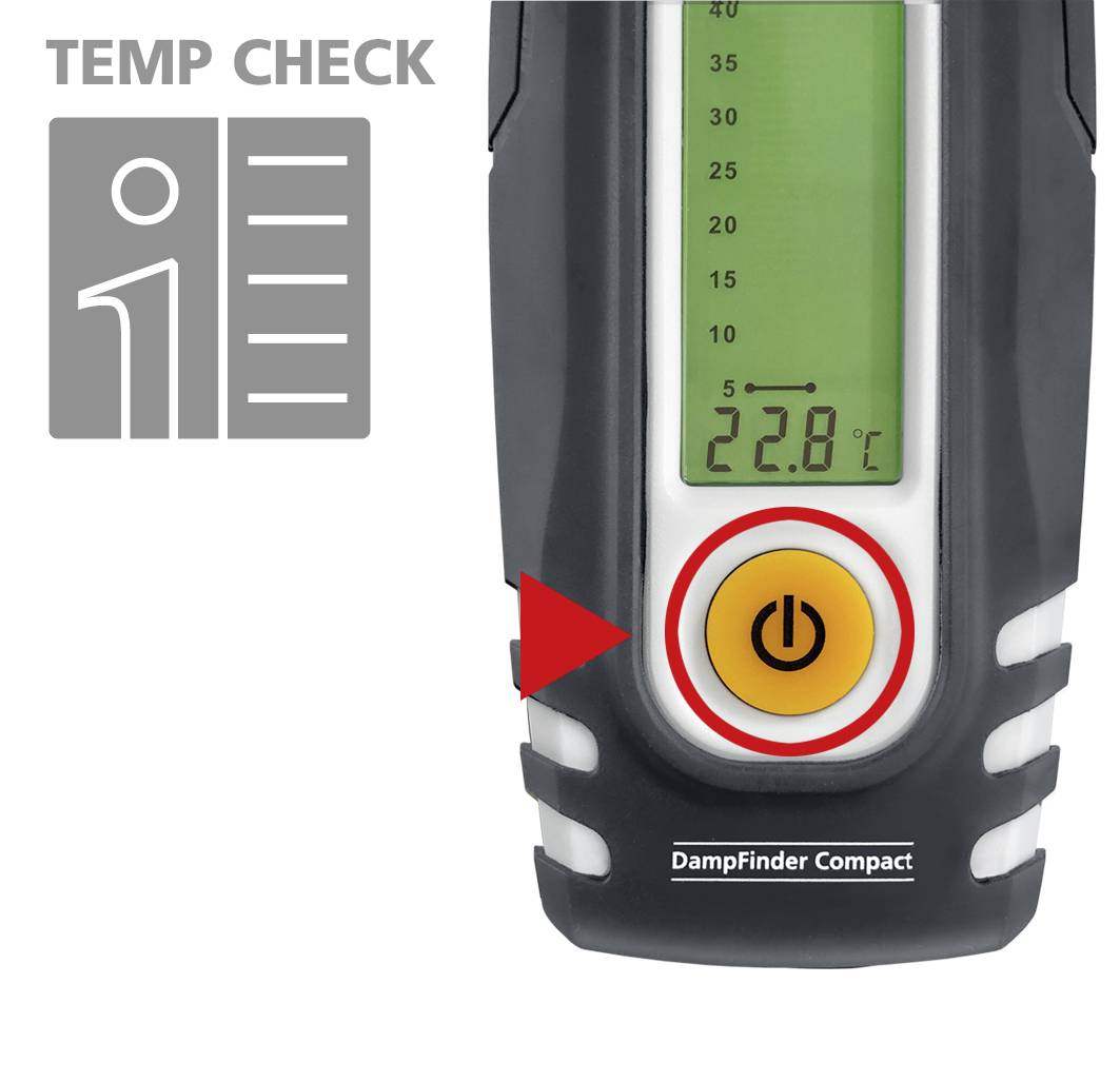 Digital thermometer shows 22.8°C. Grey symbol next to it with the inscription 'TEMP CHECK' and a stylised thermometer icon.
