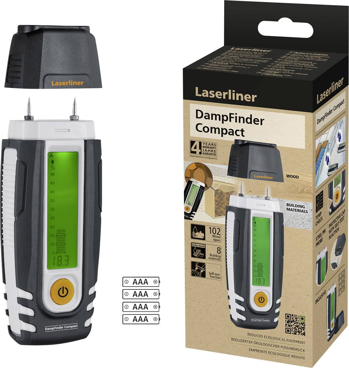 A moisture metre with a green display and indicator, battery-operated. Packaging with details and functions of the device.