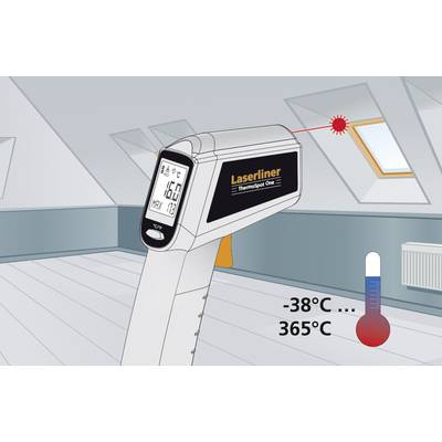 An infrared thermometer measures the temperature in a room. The display shows 16.8°C. It is directed towards a roof window.