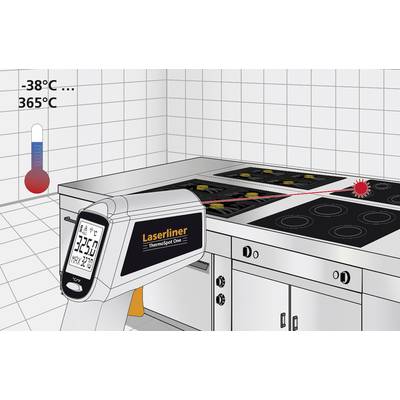 An infrared thermometer displays the temperature of a hob. The display shows 32.5°C and the date. A laser beam marks the measurement point.