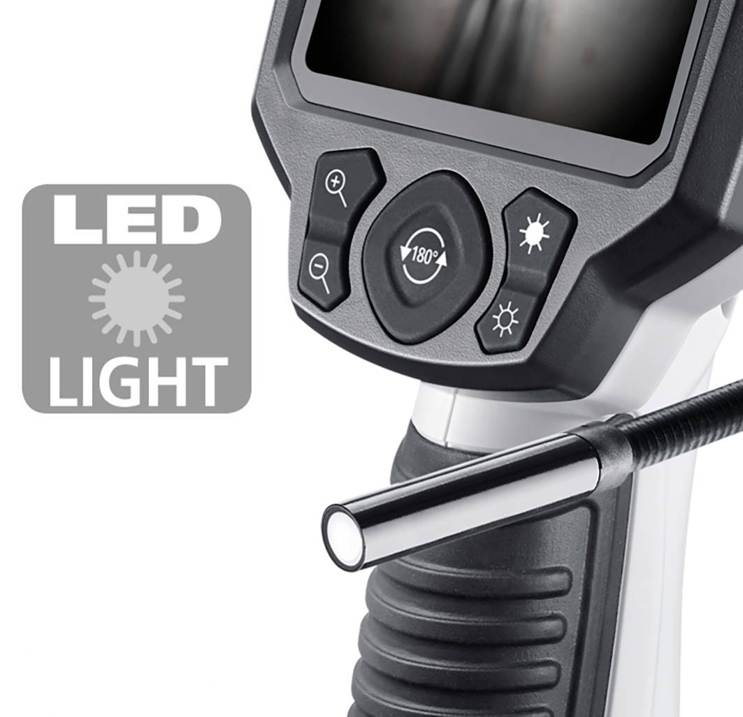 Close-up of an endoscope with screen and LED light function.