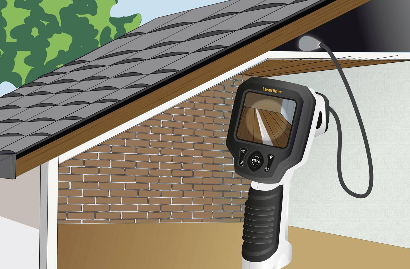 'Infrared camera checks roof insulation of a house.' The camera is positioned beneath the roof and shows the structure of the roof tiles.