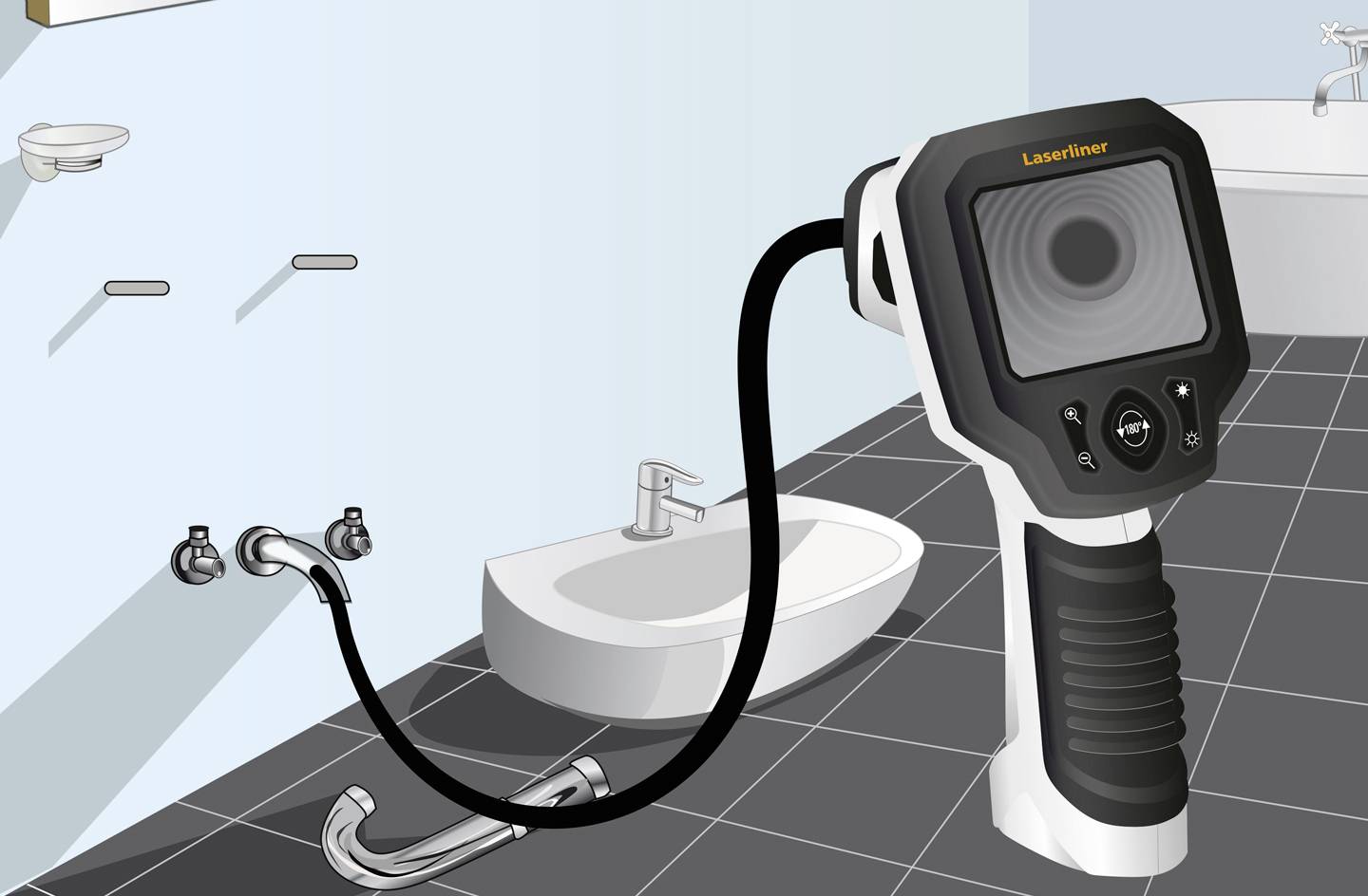 Device with camera screen and flexible hose for inspection in the bathroom, next to the sink, taps, and wall fixtures.