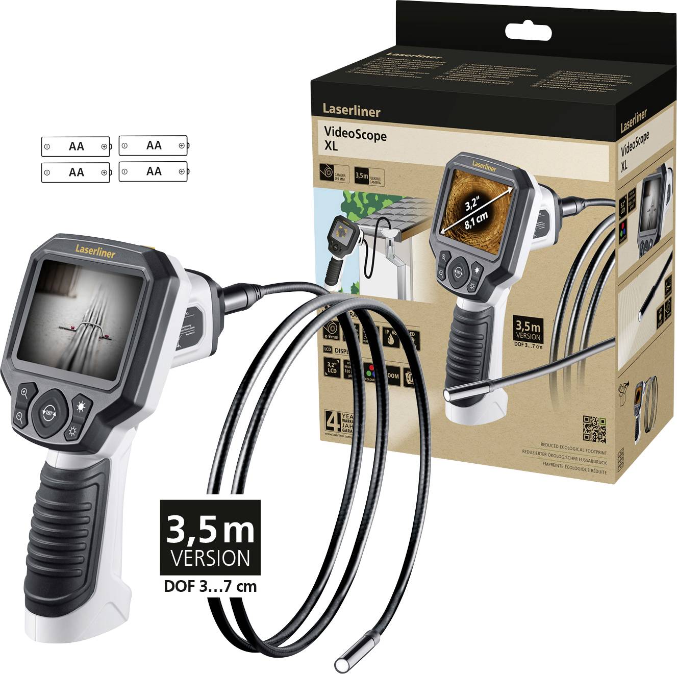 Handheld device with cable camera displays image on screen; enlarged image of instrument details on box. Length 3.5 m.