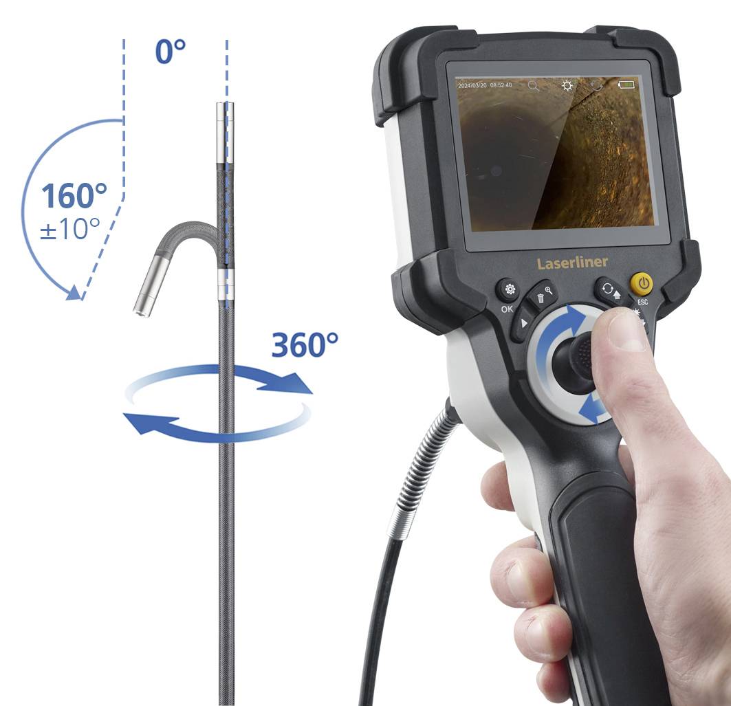 A person is holding an inspection device with a screen. The device enables camera movements of 360° horizontally and 160° vertically.