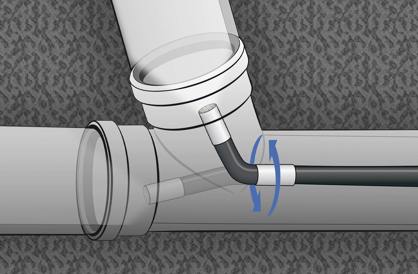 Pipe connection with a flexible cable inserted through a side hole. Arrows indicate the direction of cable movement.