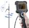 A hand holds an endoscope with a rotatable camera and screen. On the left, a diagram shows the flexible camera angle ranging from 0 to 150 degrees and a 360-degree rotation.