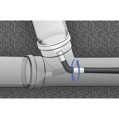 The graphic depicts a piping system with a flexible hose being inserted into a pipe. The hose is curved and indicates the direction of movement.