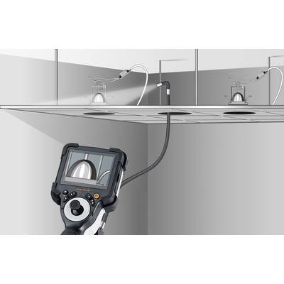 An endoscope is inspecting a complex ceiling structure, with details of the ceiling's interior visible on the screen.