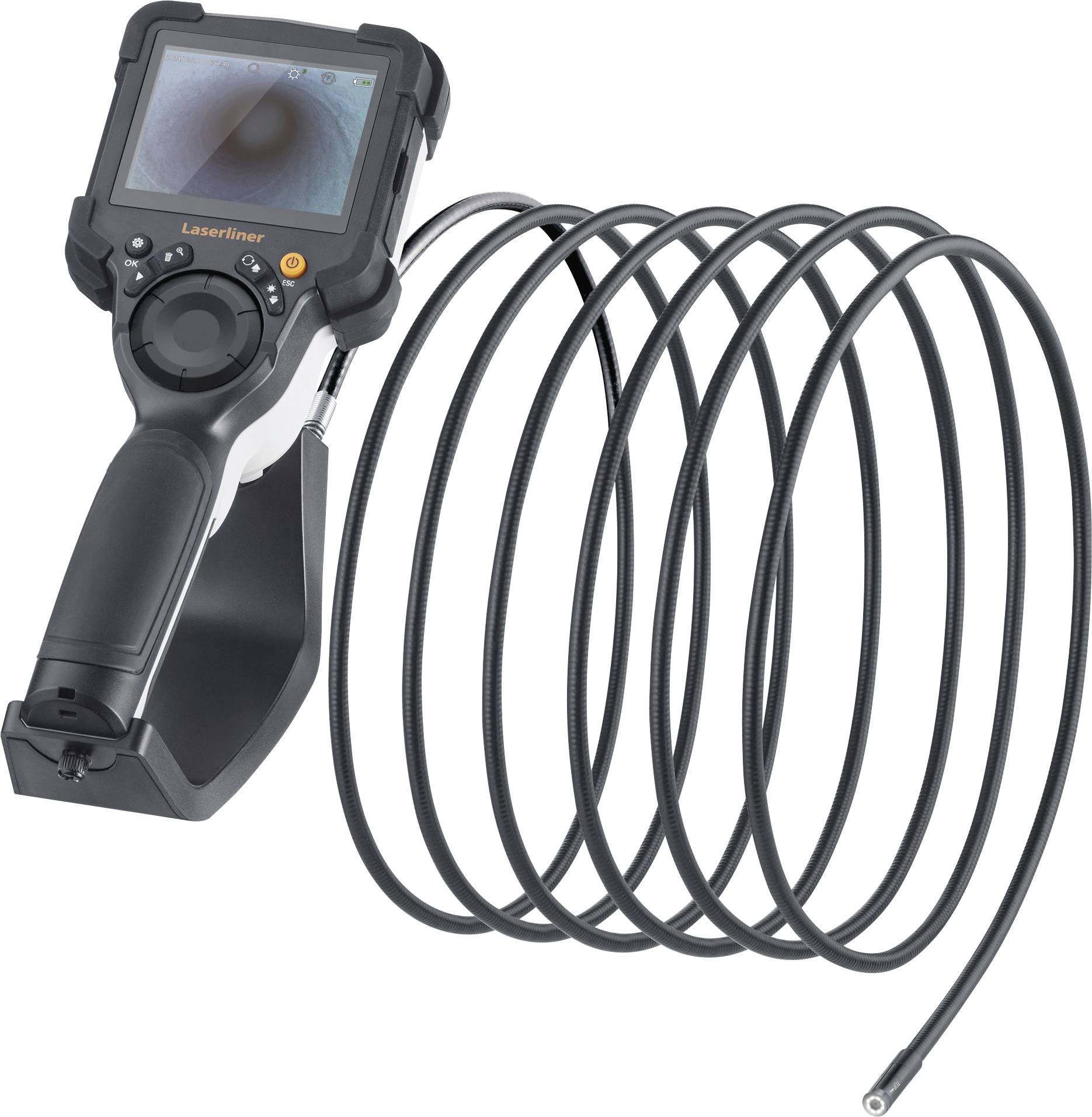 A hand-held endoscope with a screen and long flexible cable for exploring hard-to-reach areas.