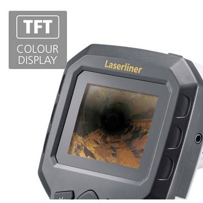 Portable device with a screen, showing an image of the inside of a pipe. In the top left is a symbol with the text 'TFT Colour Display'.