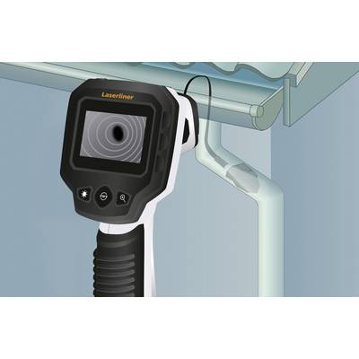 A pipe inspection tool with a screen is examining the interior of a pipe. It displays a spiral view on the display.