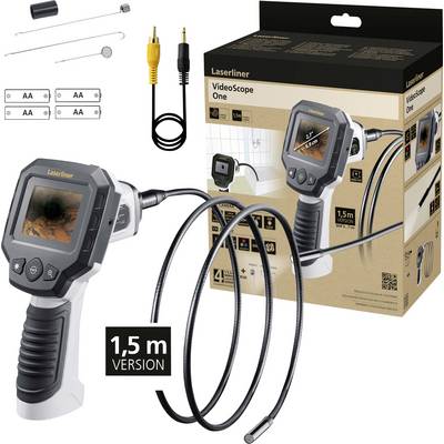 Handheld device with screen and flexible cable, suitable for video inspection. Packaging, batteries and accessories shown. 1.5 m version.