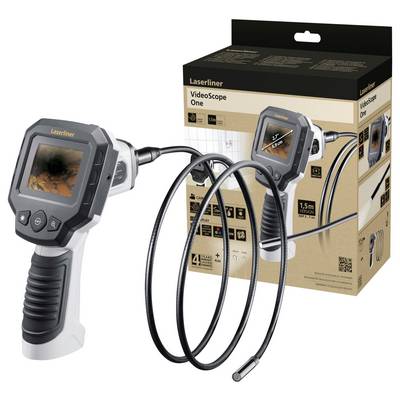 A 'VideoScope One' endoscope, shown with a flexible cable and screen, next to the packaging with product specifications.