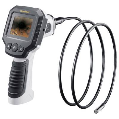 A portable endoscope with a screen displays an image of a pipe or passageway. It has a flexible tube with a camera.
