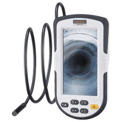 A portable endoscope device with a flexible cable and camera for inspection purposes, displays an image of a pipe on the screen.