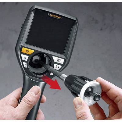 A person is holding an inspection camera device and inserting a flexible probe into the lens to use the device.