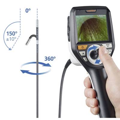 A person is holding an endoscope with a display showing an internal image. The device has a flexible 360-degree camera.