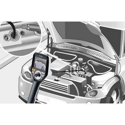 Bonnet of a car open, diagnostic device checking spark plugs through a magnified viewing window. Process of engine inspection.