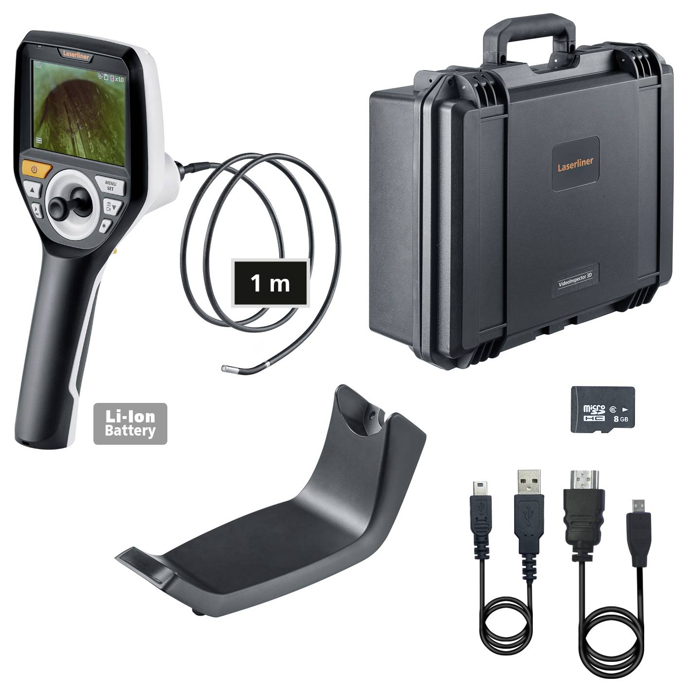Inspection camera set with screen, flexible cable, hard-shell case, charger, USB cables and memory card.