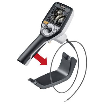 A portable endoscope with a screen shows gears. A flexible cable with a camera is connected. A red arrow points to the mounting bracket.
