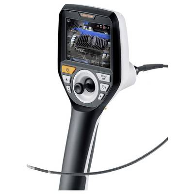 Industrial endoscope camera with LCD screen showing technical details of a machine. Flexible cable tube for inspection.