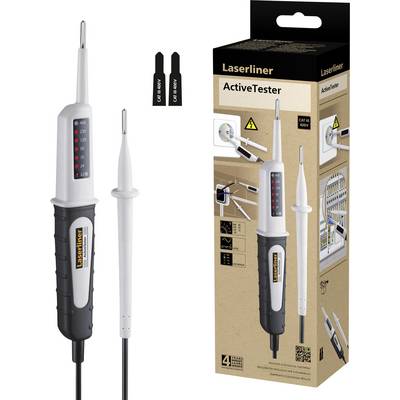 'Laserliner ActiveTester' Voltage Detector. Packaging shows product details and application examples. Suitable for voltage measurement up to 400V.