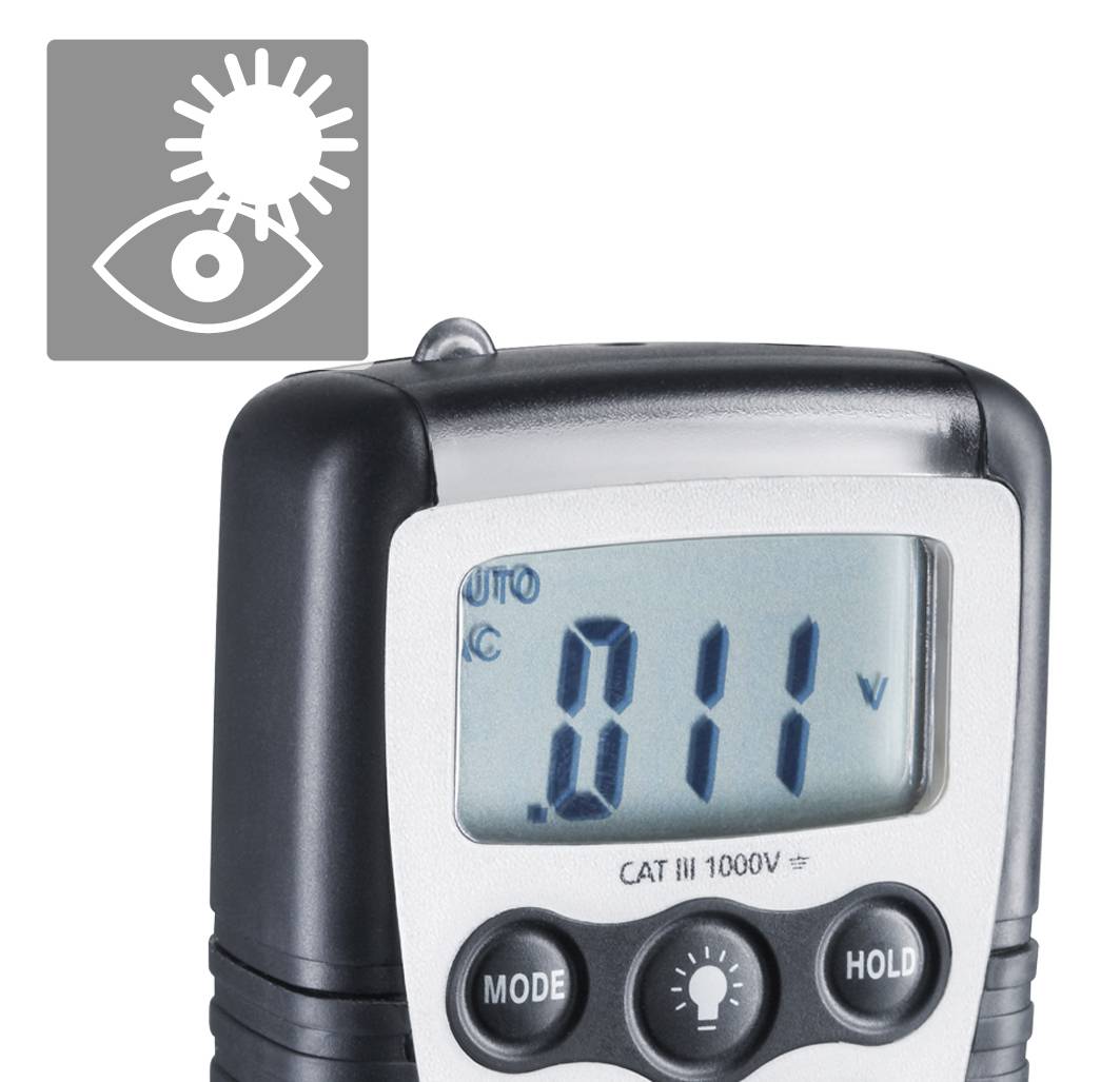 A digital voltage tester displays '0.11V' on the screen. In the top left, there is a symbol indicating safety glasses must be worn.