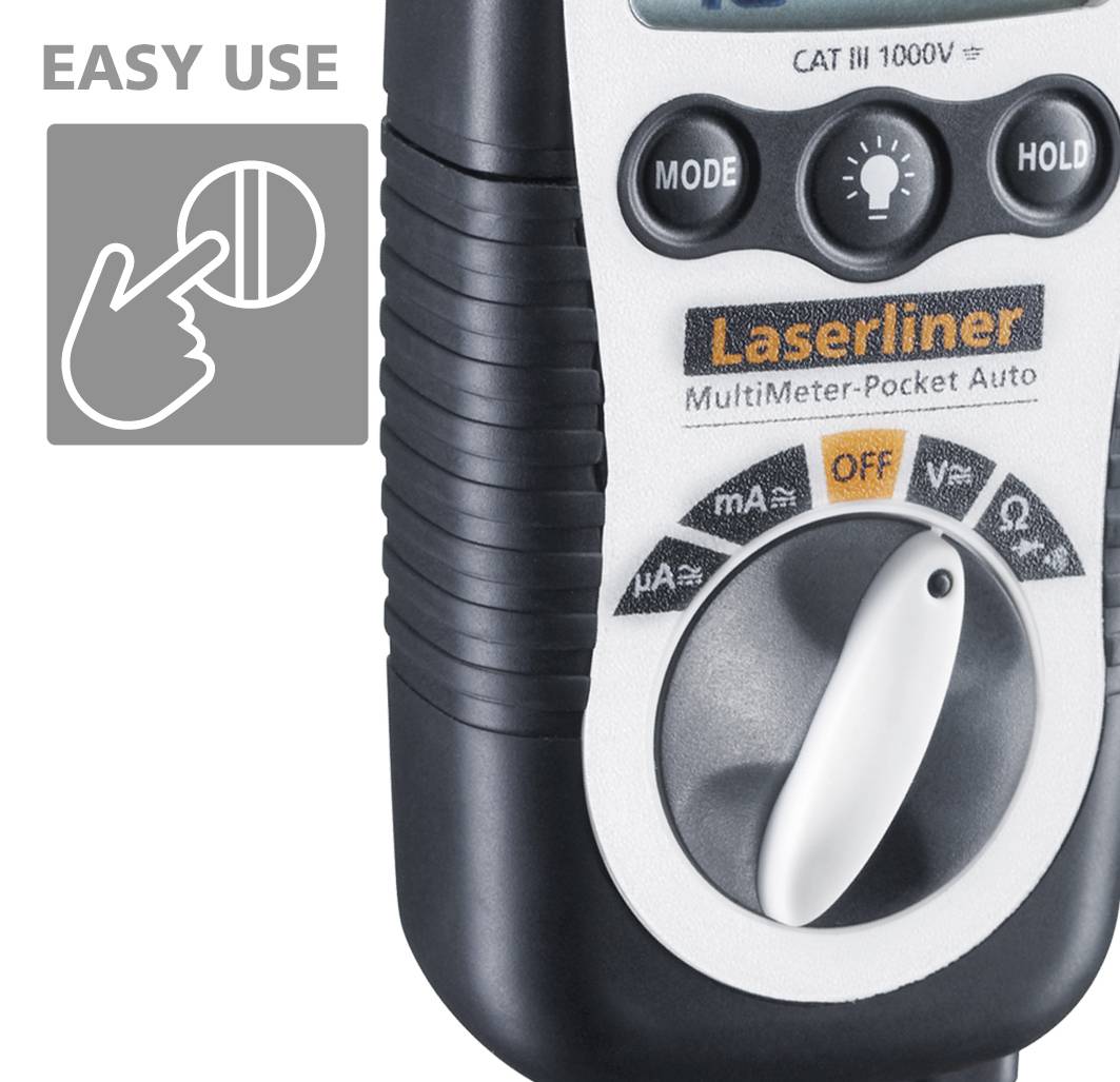 A digital multimeter with a rotary switch for various measurement functions. A symbol for easy operation is located in the top left corner.