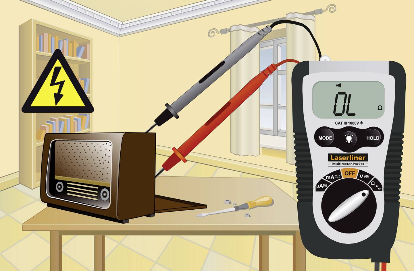 A multimeter test of an old radio, with a voltage symbol as a warning. The measuring device displays 'OL', indicating overload or error.