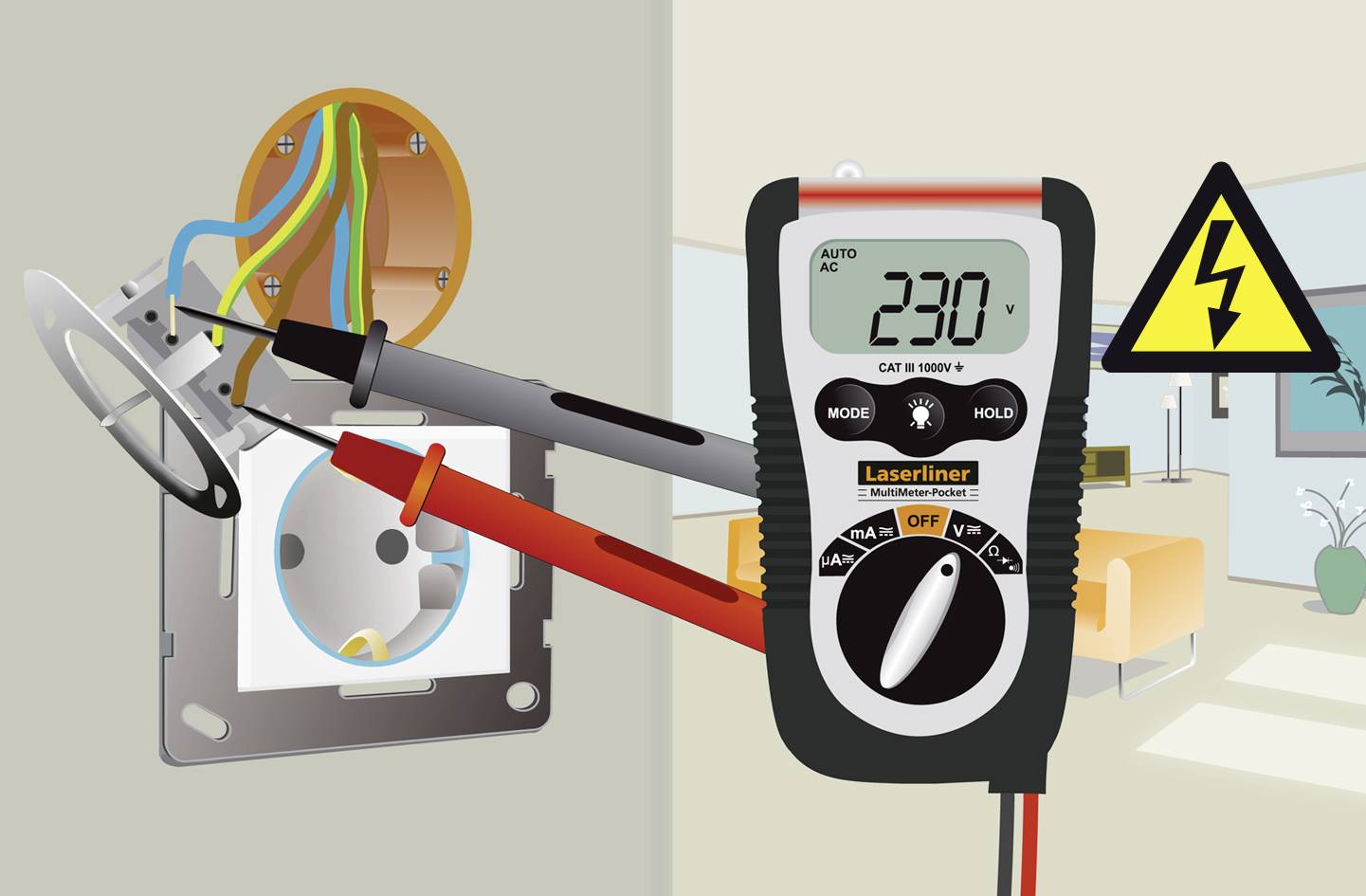 A multimeter measures 230 volts at a socket. Cables are connected to the multimeter. A warning symbol indicates electrical voltage.