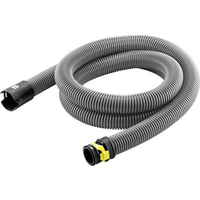 Grey, flexible vacuum cleaner hose in a spiral design, with a yellow and black connection adapter at one end.