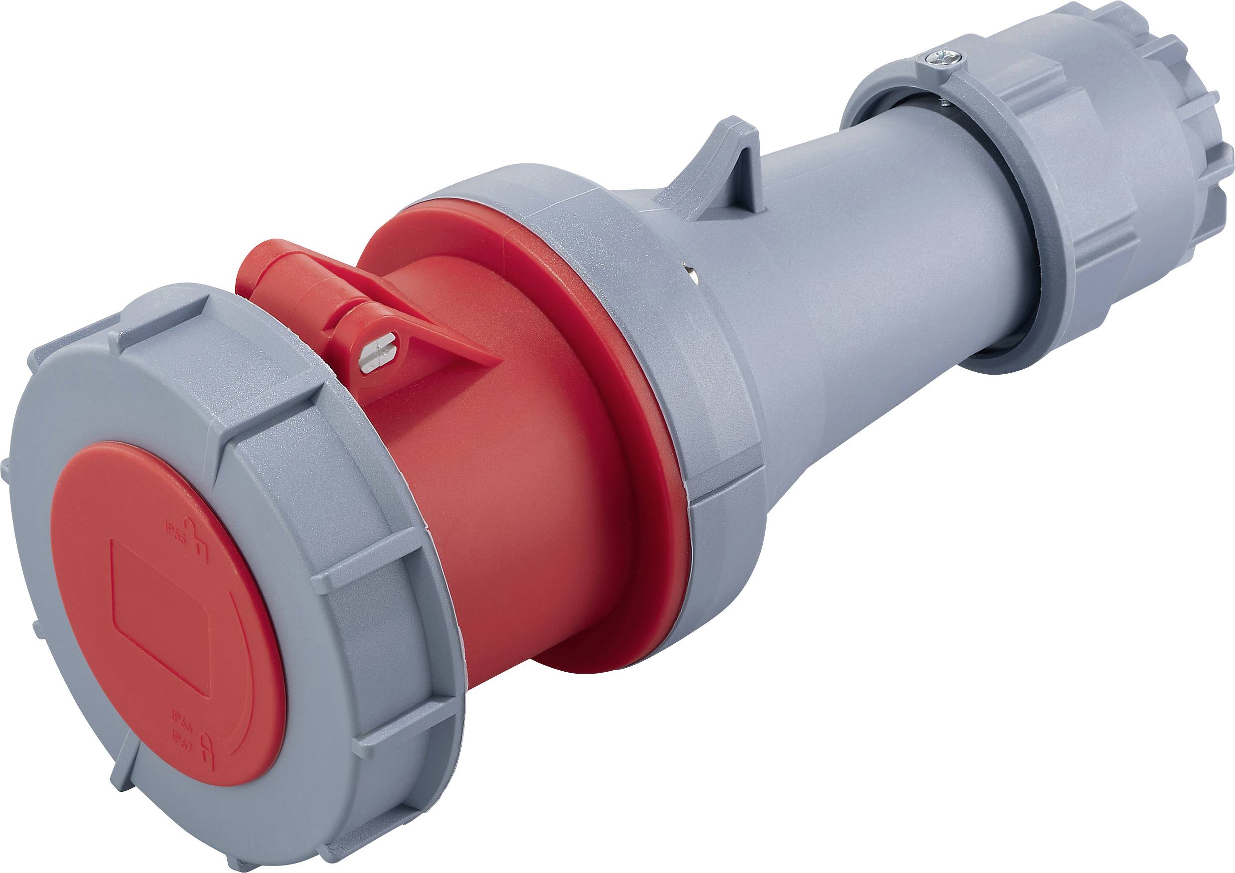 Industrial connectors, grey and red, for electrical connections. Plastic housing, suitable for harsh environments.