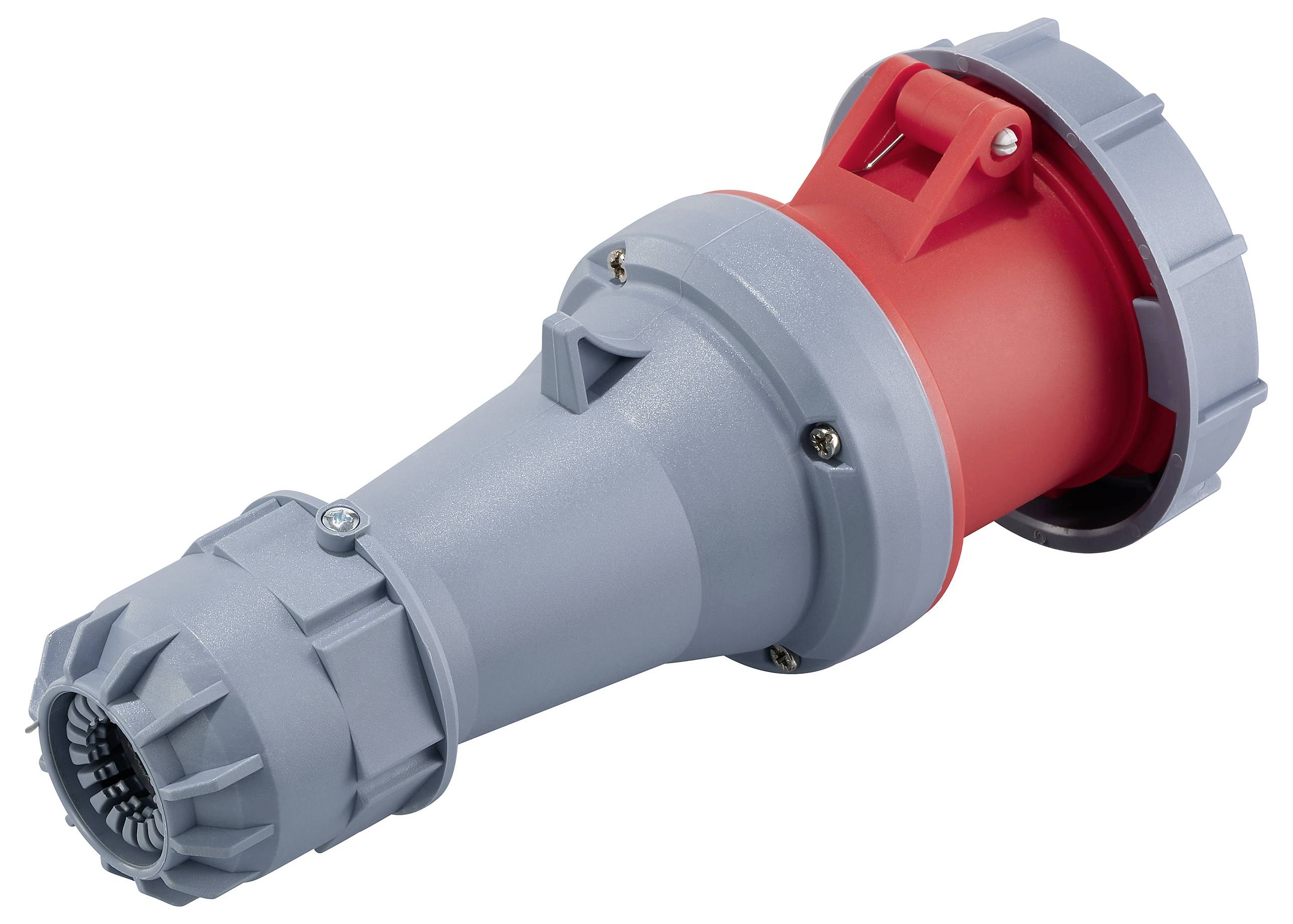 Grey industrial connector with a red interior, suitable for heavy-duty applications.