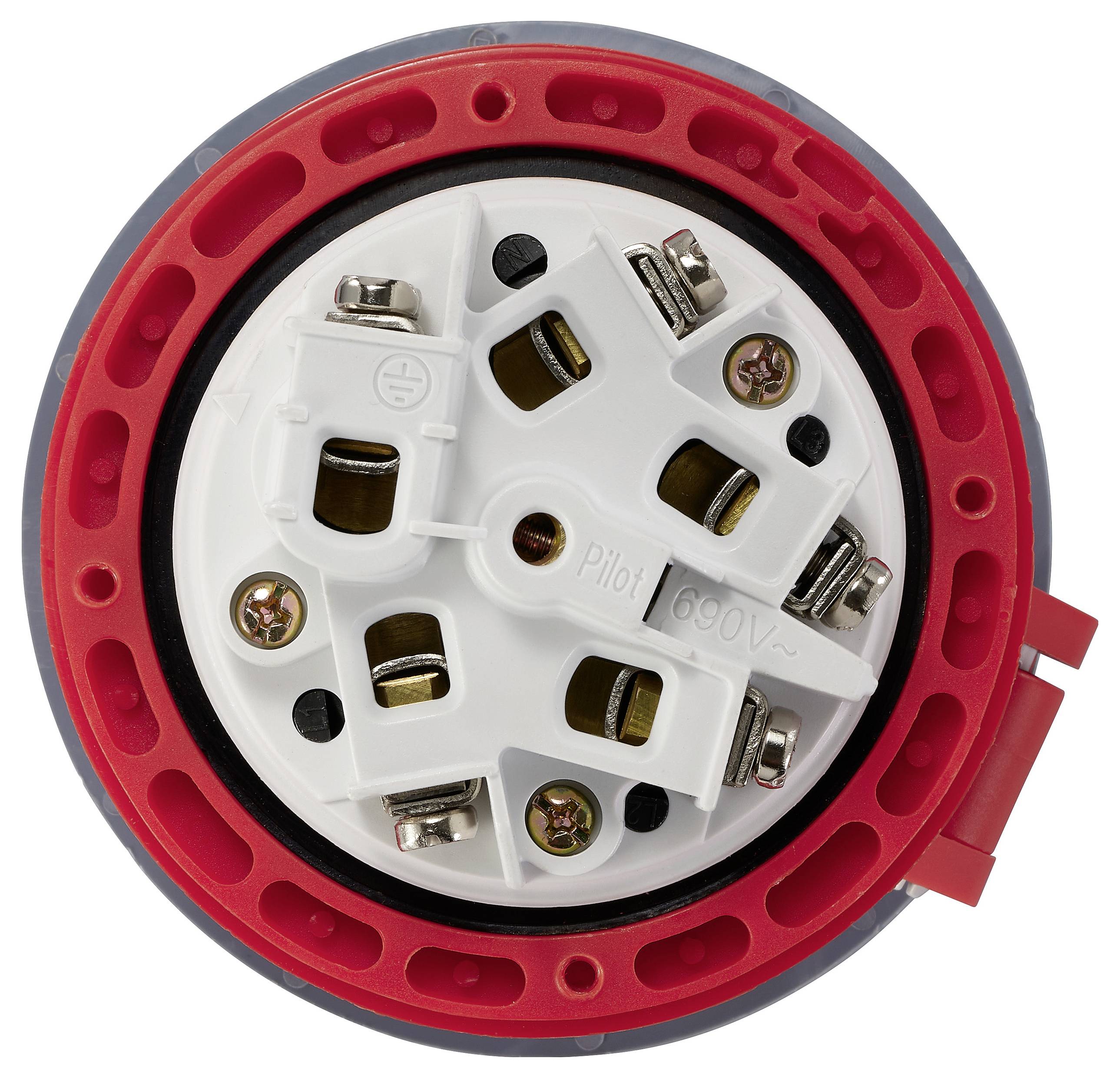 A round electrical connector with a red rim and multiple metal contacts in the centre, set against a white background.
