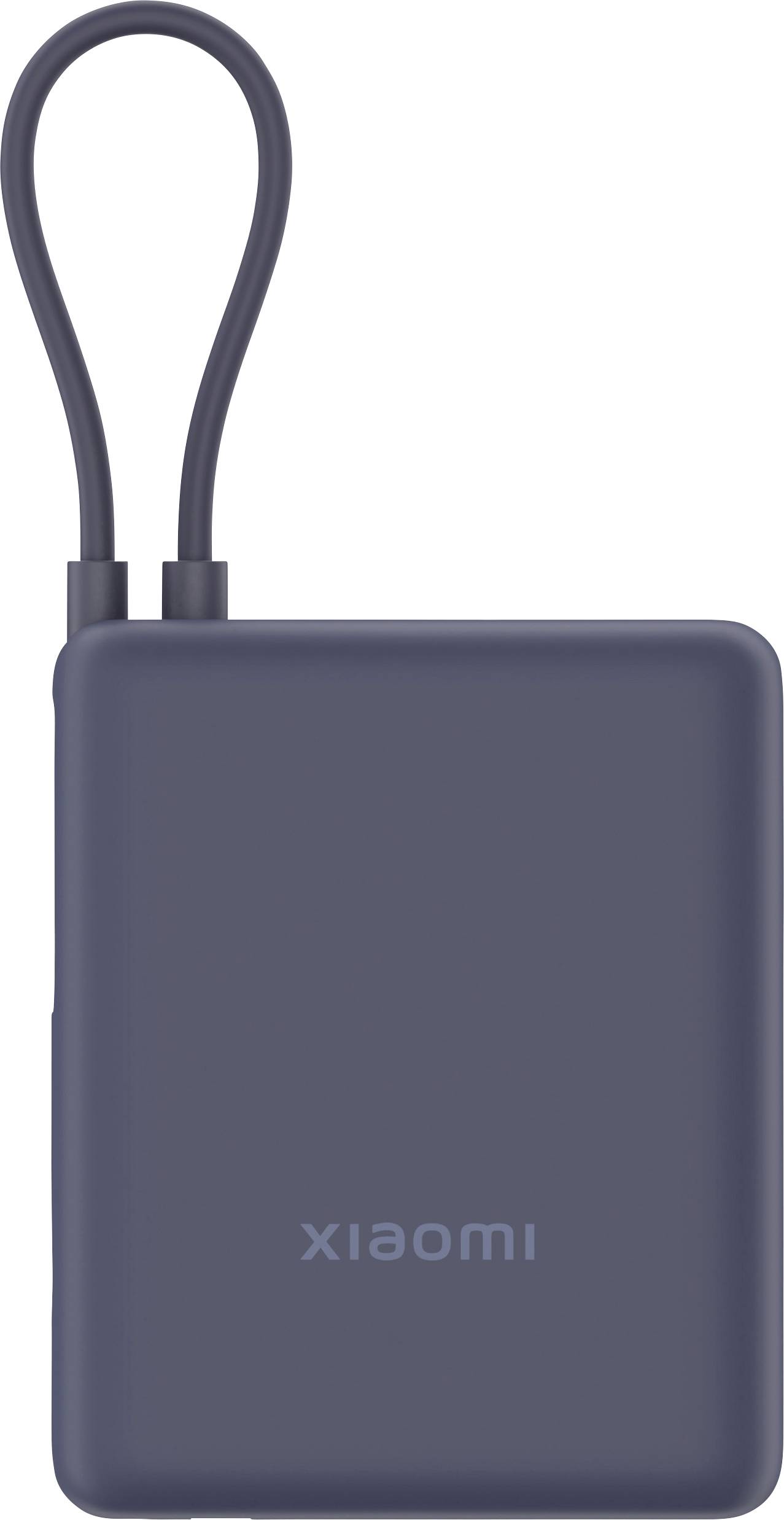 Compact, dark grey power bank with a rubber loop; the 'xiaomi' brand is displayed on the front.