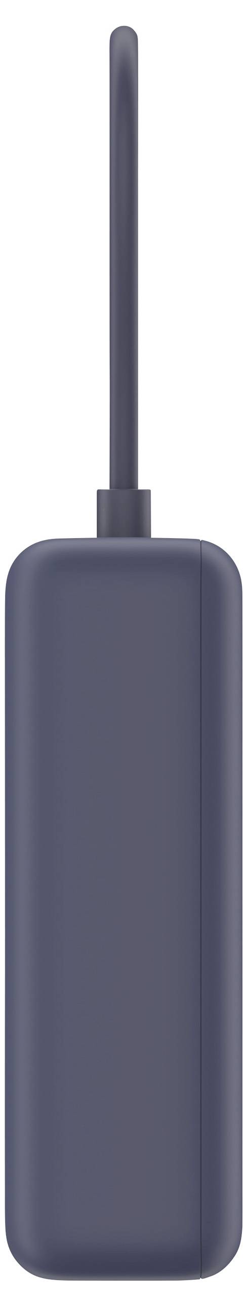 Dark blue handheld vacuum cleaner with long handle, vertically positioned.