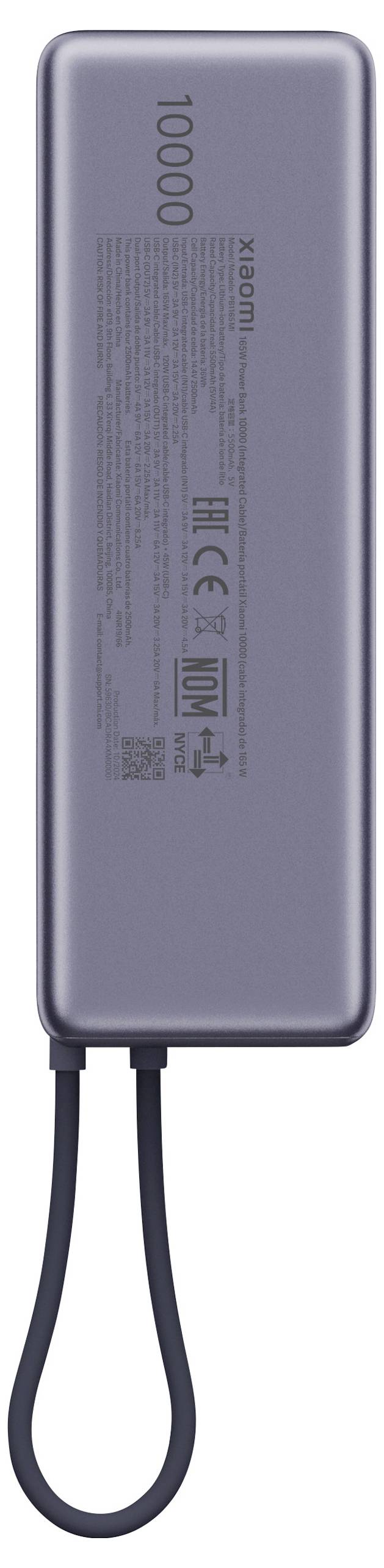 A grey power bank with a capacity of 10,000 mAh, with the brand and safety instructions visible in small print on the surface.