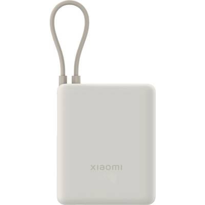 A rectangular, white external battery pack from Xiaomi with a flexible carrying strap at the top.