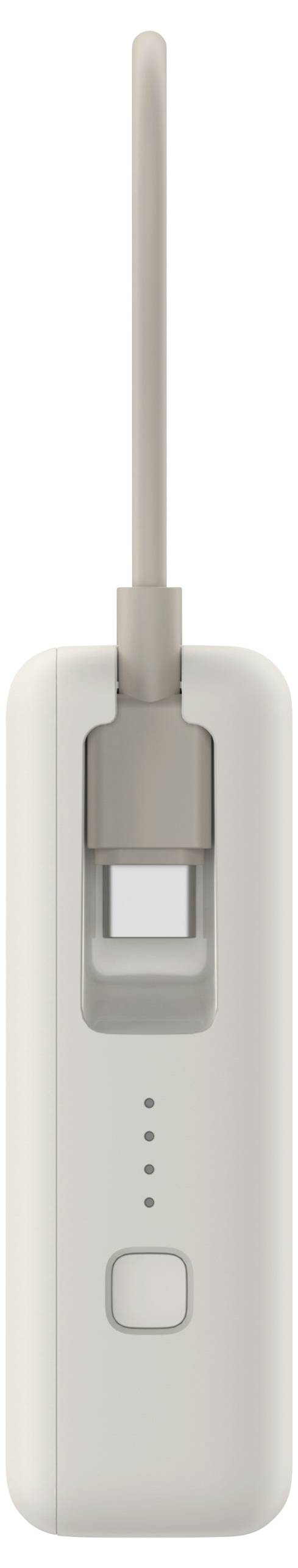 A white, rectangular remote control with a long, vertical rod at the top, a button, and four LED indicators in a row beneath it.