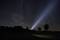 A person stands in a field at night, shining a torch into the star-filled sky, which is bordered by a tree.