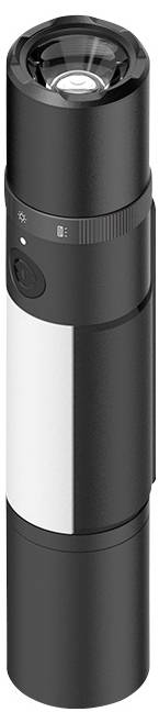 Black torch with a silver band, standing vertically upright. It has a switch and an adjustable lens.