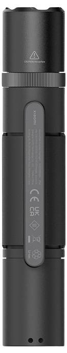 Black torch with safety and CE markings, vertically positioned.