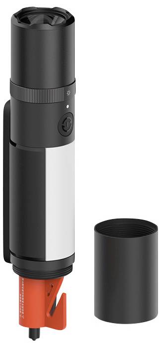 A black, tube-shaped cylinder with a removable cap and orange insert, likely a tool or device.
